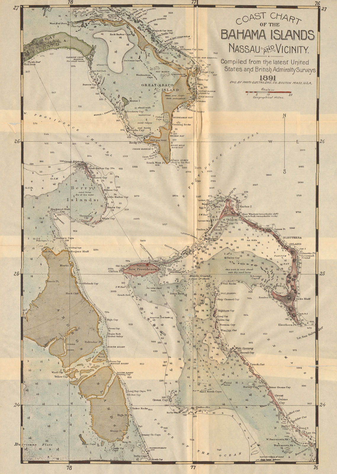 BAHAMAS SEA & COASTAL CHART Nassau Andros Eleuthera Great Abaco Berry 1891 map