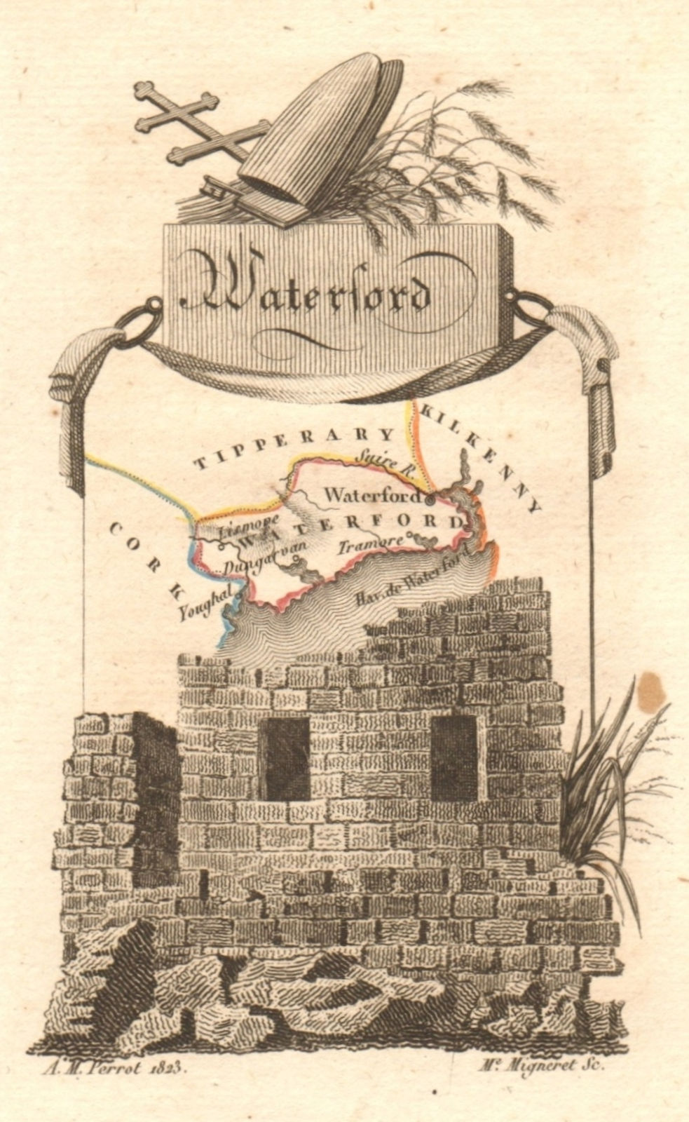 COUNTY WATERFORD antique county map by PERROT. Munster 1824 old