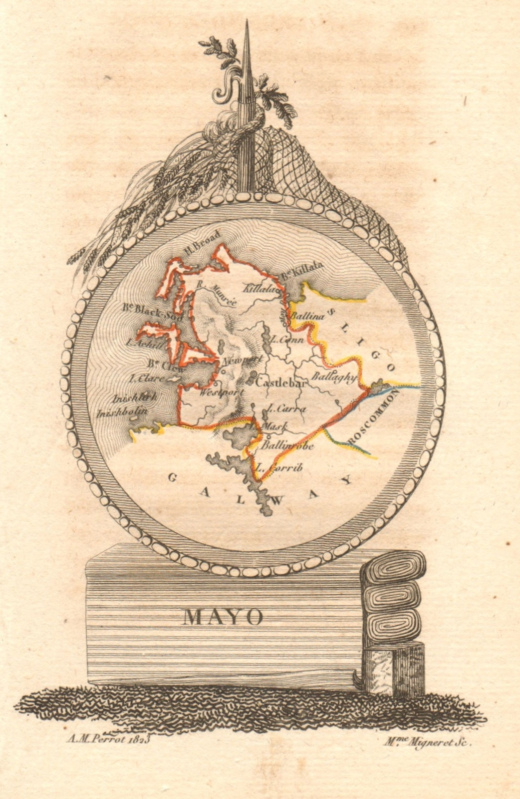 County MAYO antique map by PERROT. Connaught 1824 old plan chart