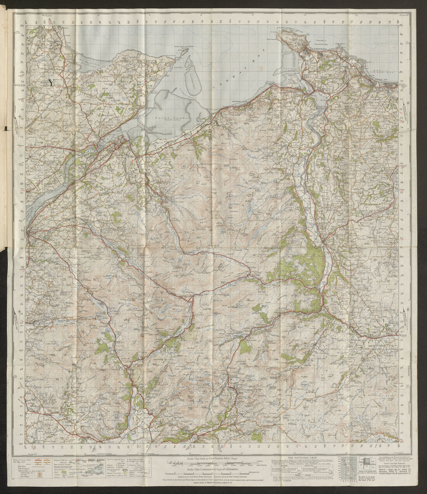 Snowdon Sheet 107 Menai Str. Bangor Llandudno Snowdonia ORDNANCE SURVEY 1947 map