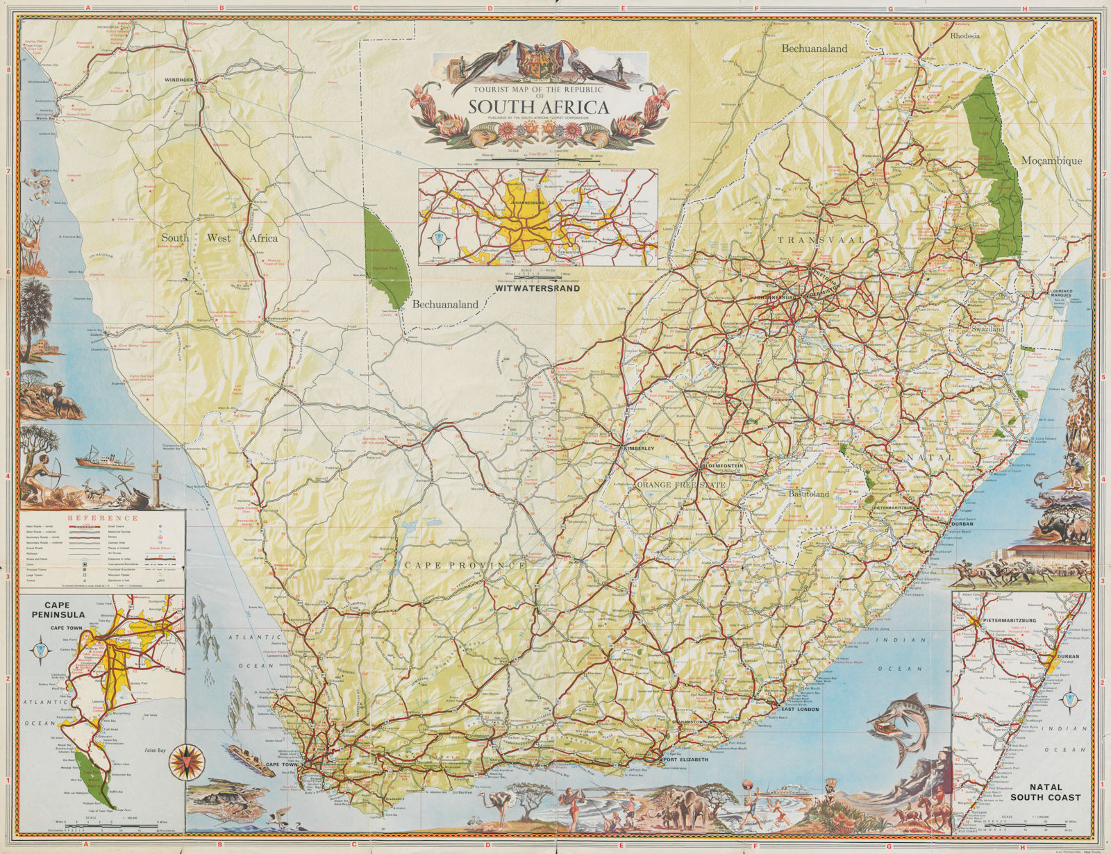 Touristic map of the Republic of South Africa 1965 old vintage plan chart