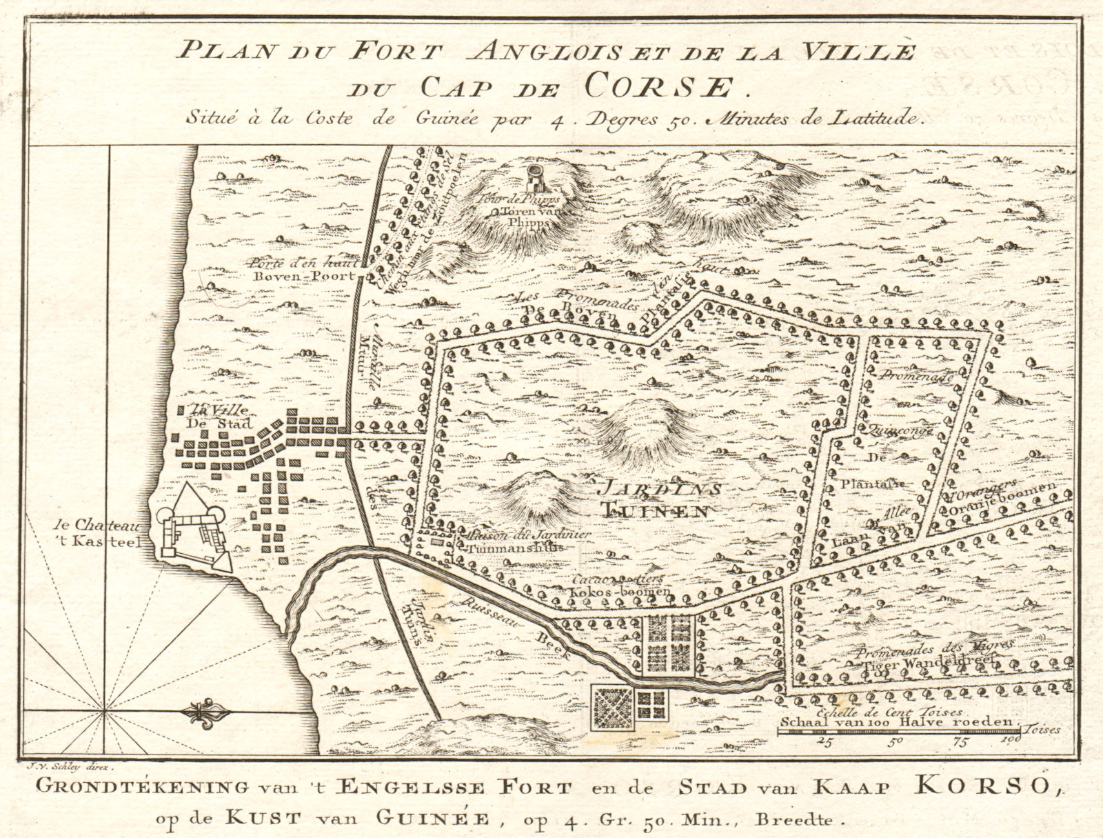 Associate Product Cap de Corse'. Cape Coast Castle town city plan, Ghana. BELLIN/SCHLEY 1748 map