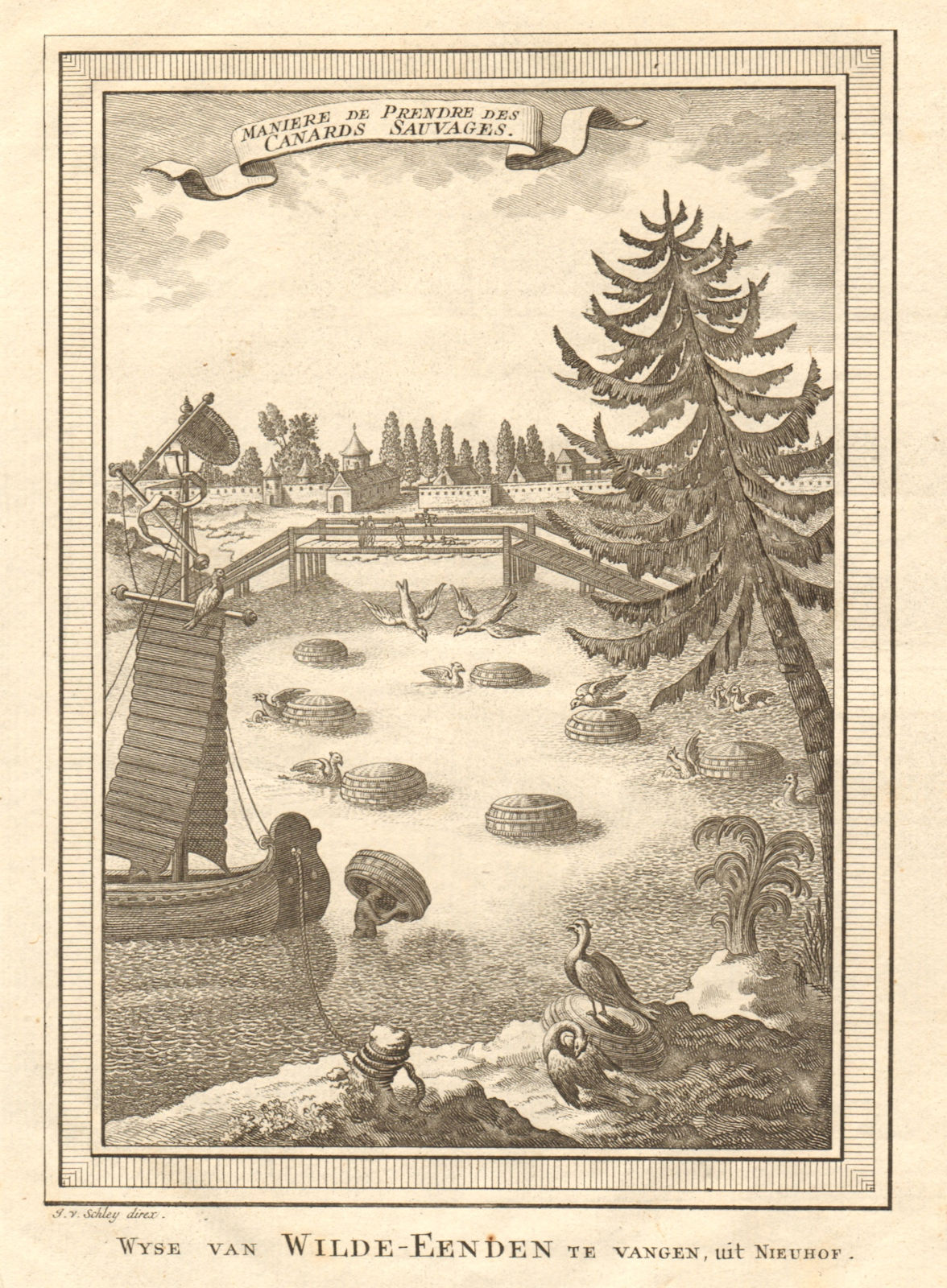 Associate Product China. Hunting wild ducks disguised under floating wicker baskets. SCHLEY 1749