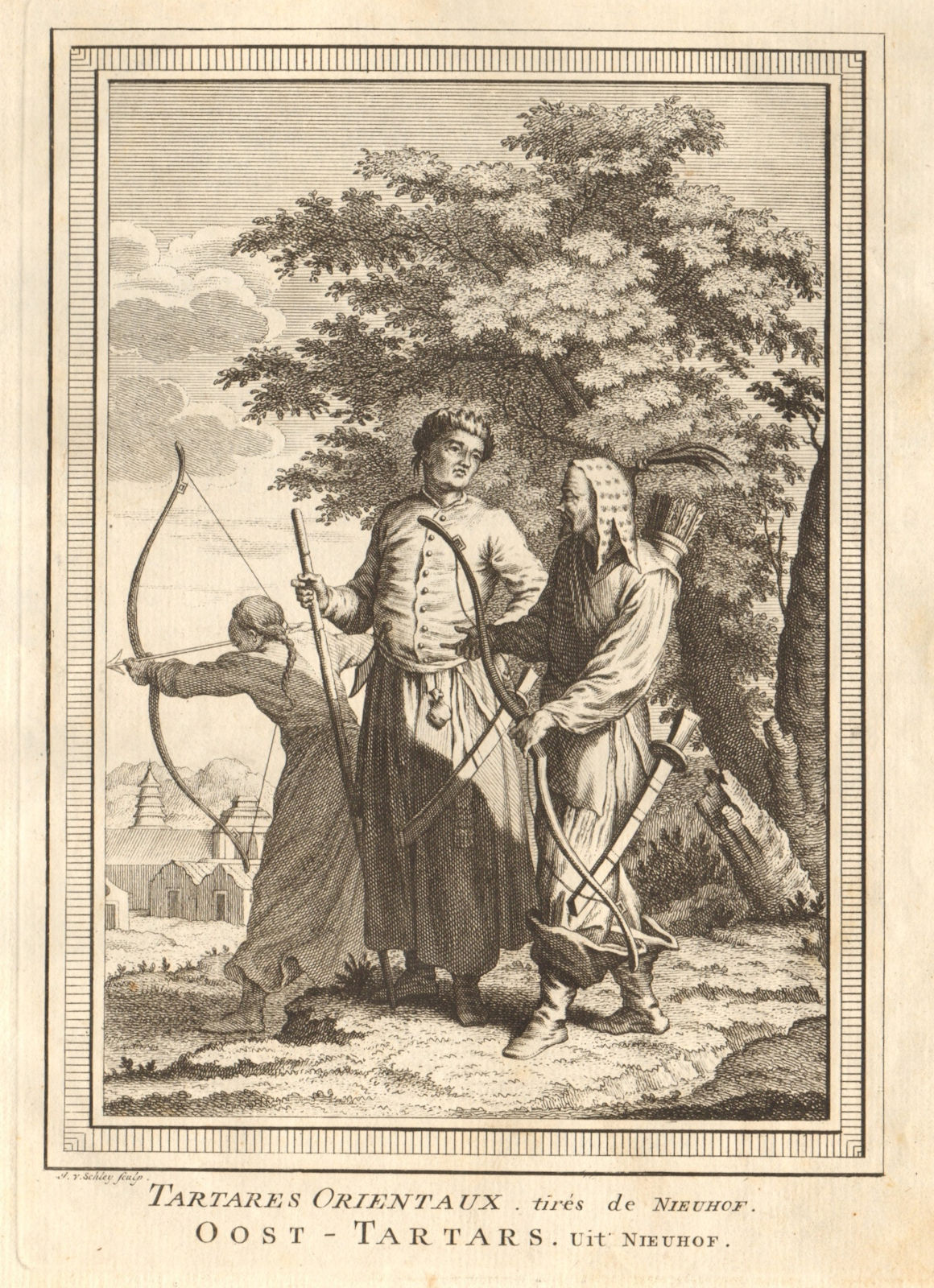 'Tartares Orientaux tirés de Nieuhof'. China Tatar. Archery. SCHLEY 1749 print