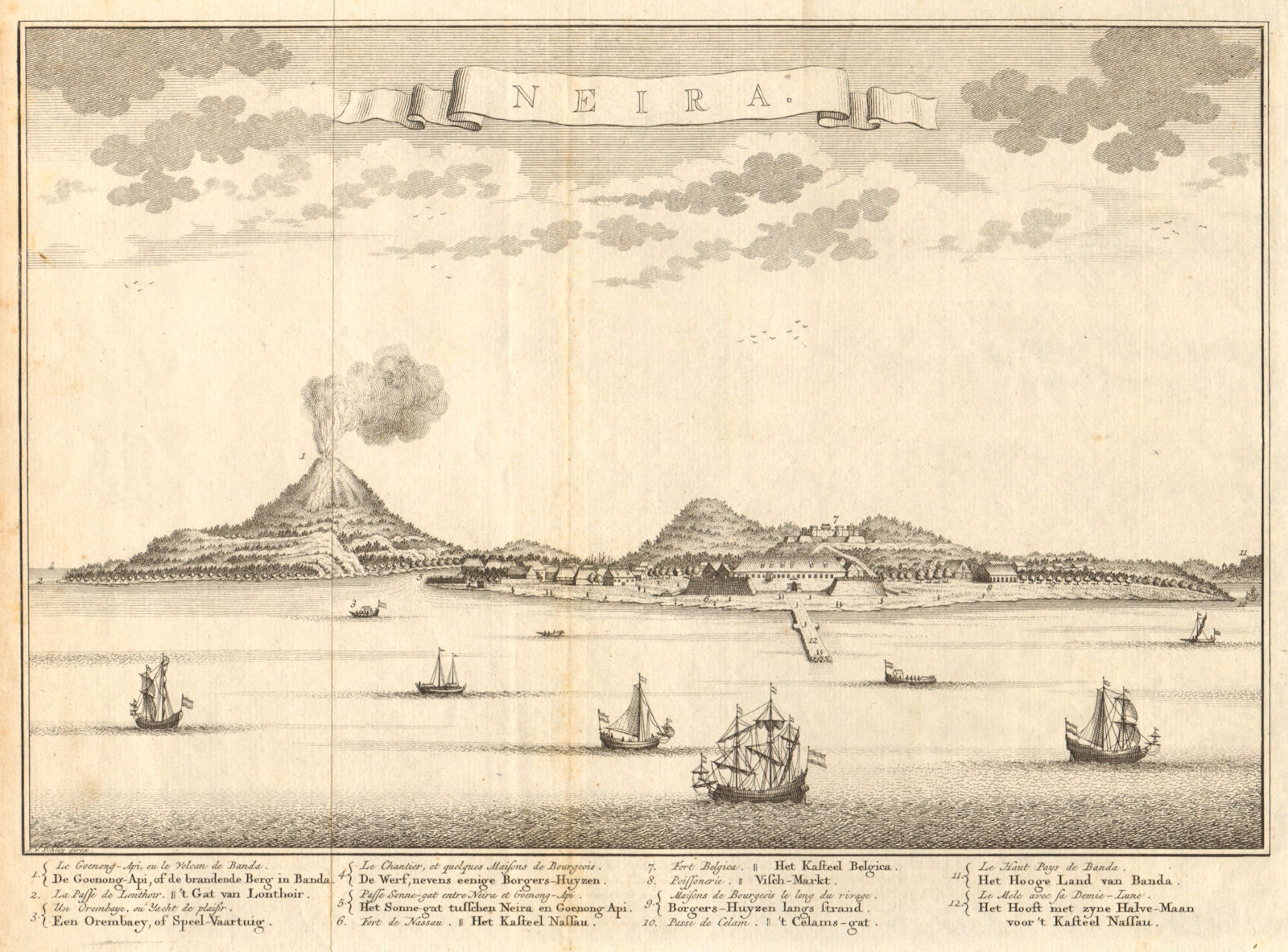 Associate Product Banda Neira & Api volcano, Molucca / Maluku Islands. Fort Belgica. SCHLEY 1755