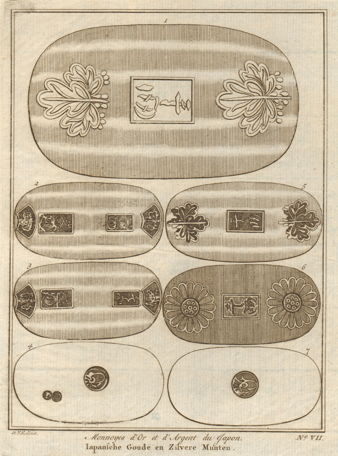 Japanese gold and silver coins. SCHLEY 1755 antique vintage print picture