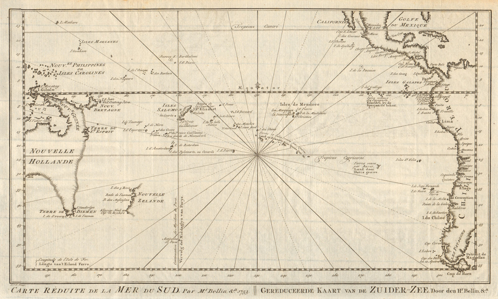 'Carte réduite de la Mer du Sud'. Pacific Ocean. BELLIN/SCHLEY 1757 old map