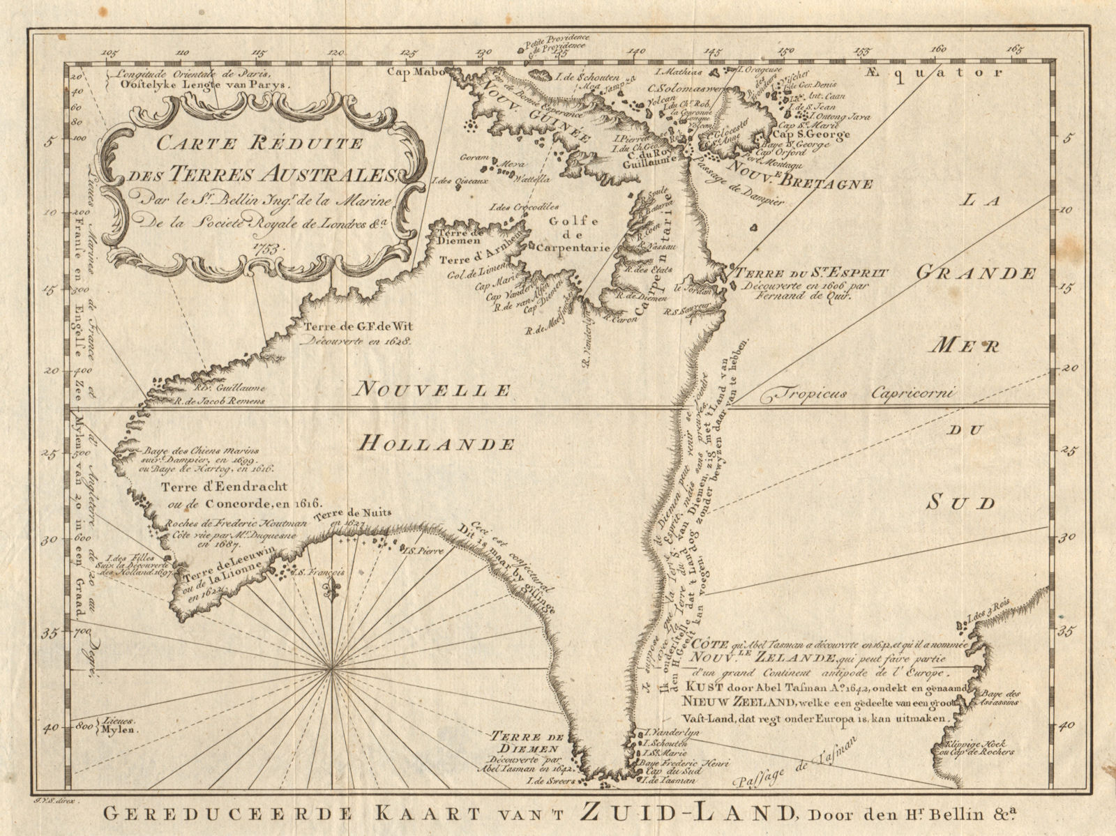 'Carte réduite des Terres Australes'. Pre-Cook Australia. BELLIN/SCHLEY 1758 map