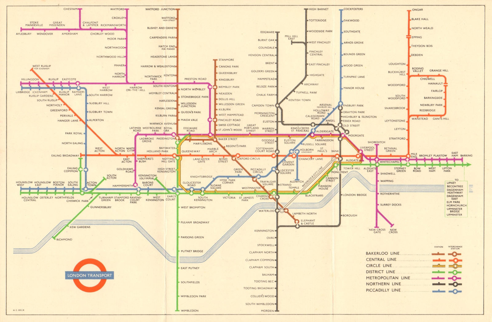 LONDON UNDERGROUND diagram of lines tube plan map. South Acton. HARRY BECK 1953