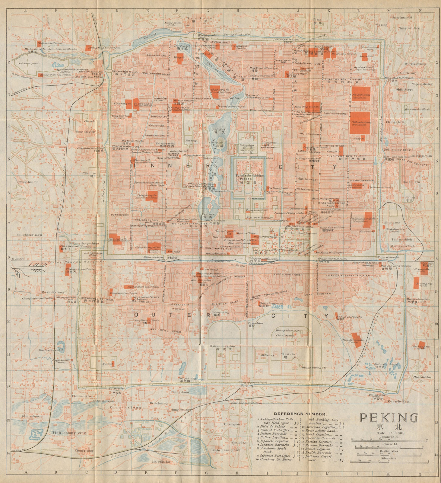 'Peking'. Beijing antique town city plan. China 1915 old map chart