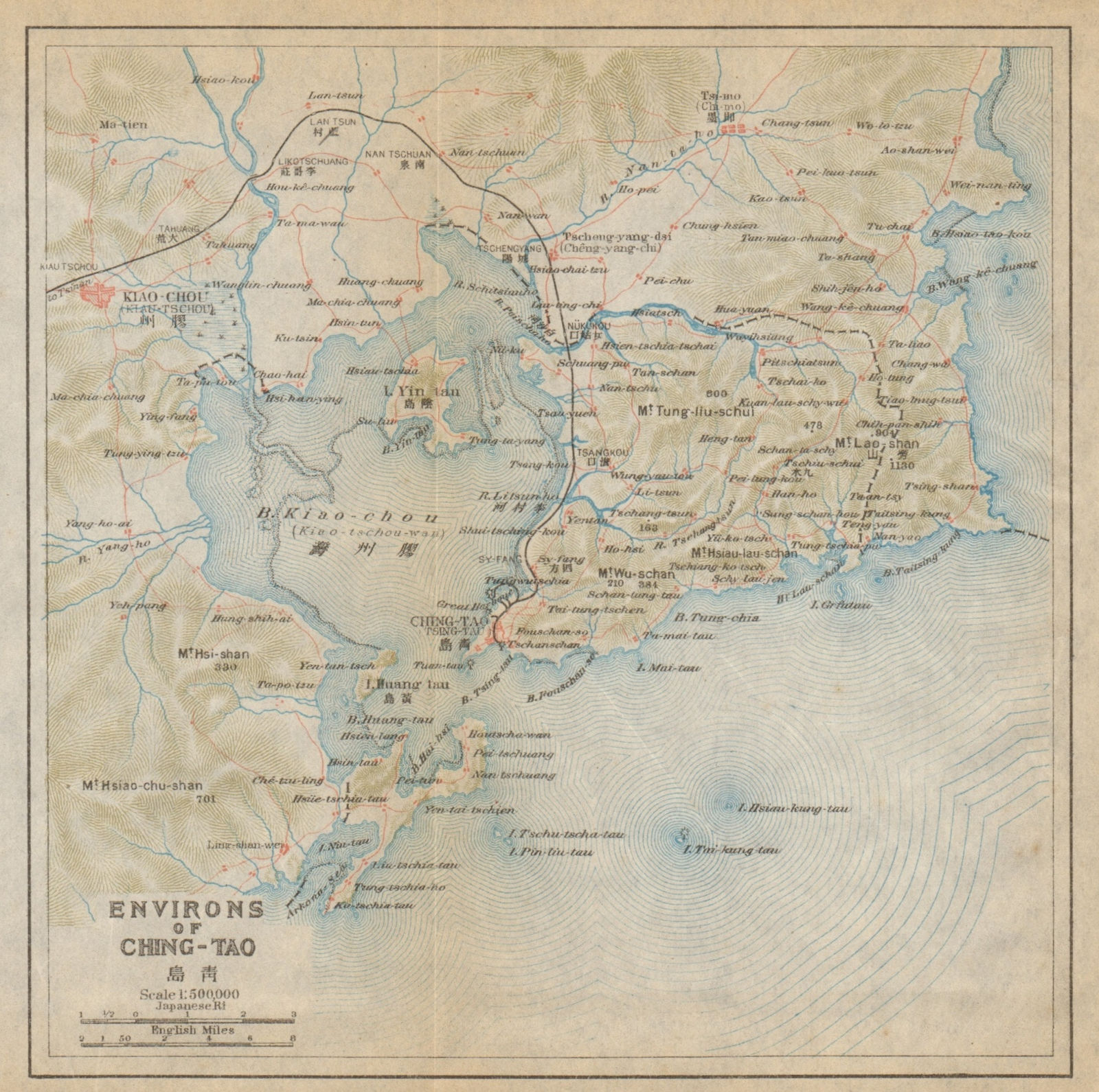 'Environs of Ching-tao'. Qingdao & Jiaozhou Bay antique map. China 1915