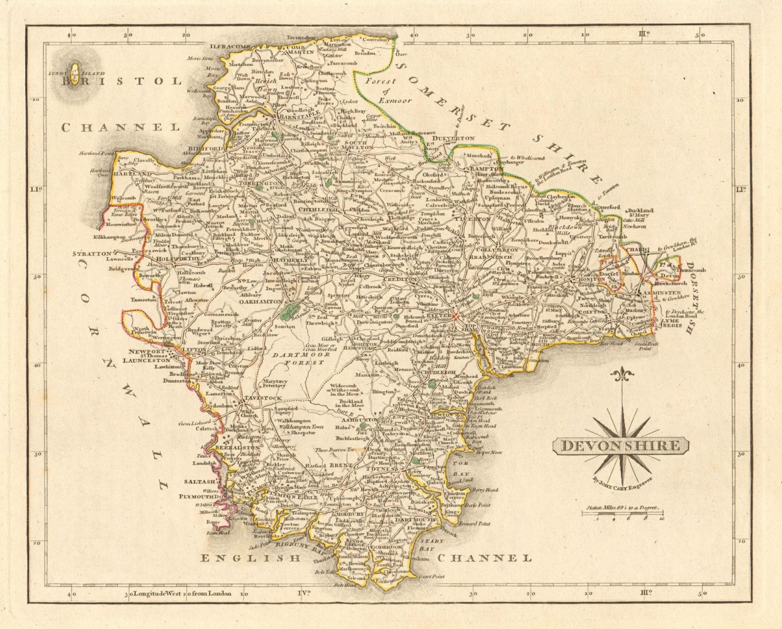 Associate Product Antique county map of DEVONSHIRE by JOHN CARY. Original outline colour 1793