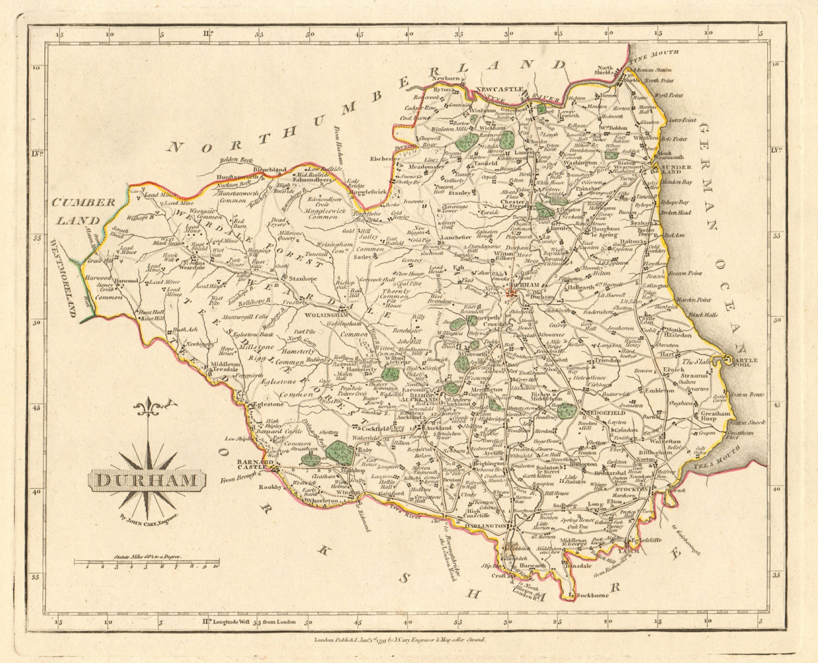 Antique map of County DURHAM by JOHN CARY. Original outline colour 1793