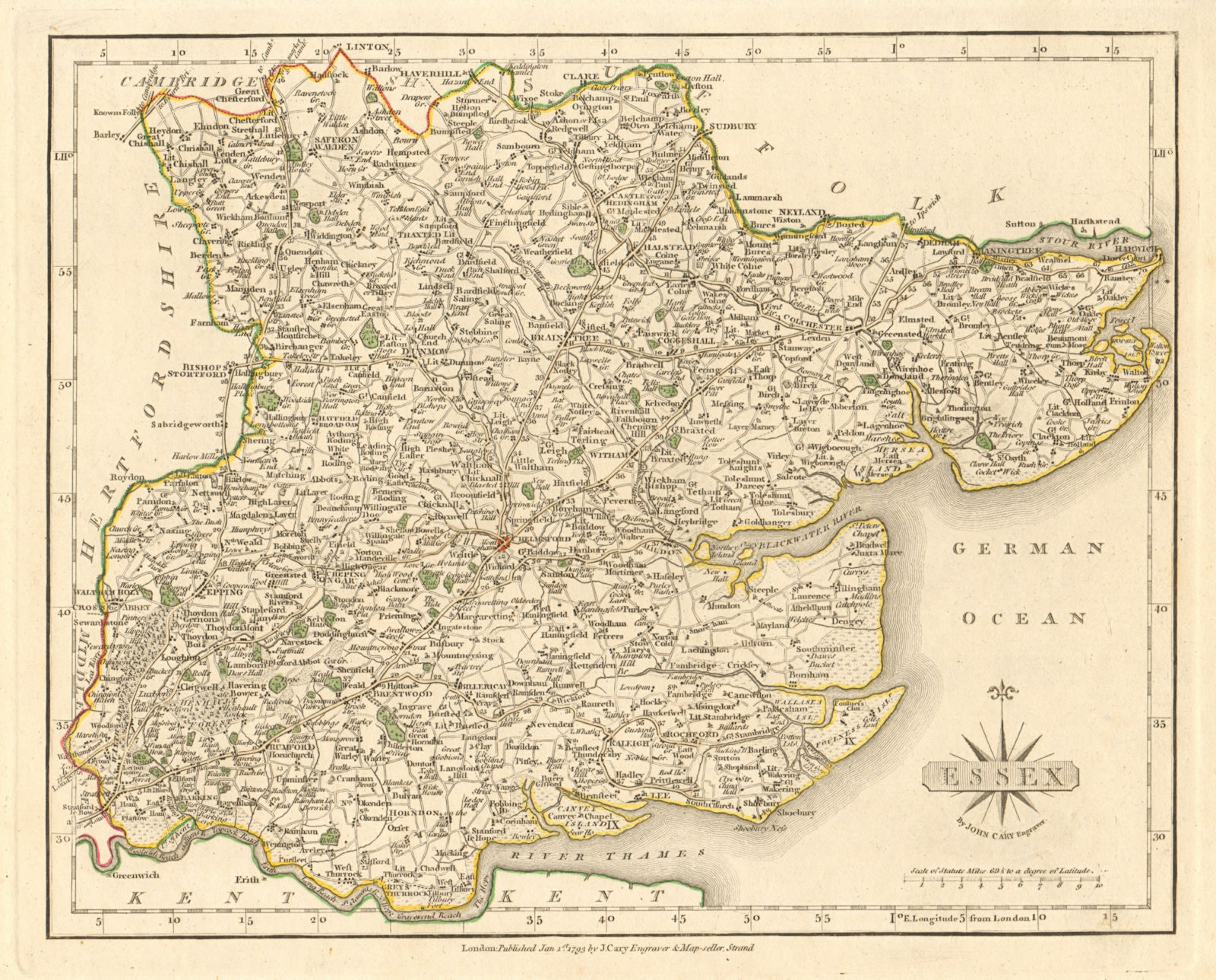 Antique county map of ESSEX by JOHN CARY. Original outline colour 1793 old