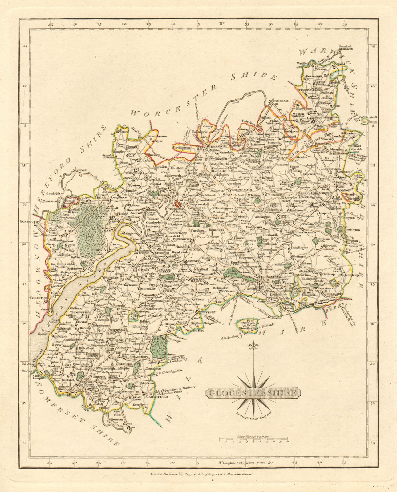 Associate Product Antique county map of GLOUCESTERSHIRE by JOHN CARY. Original outline colour 1793