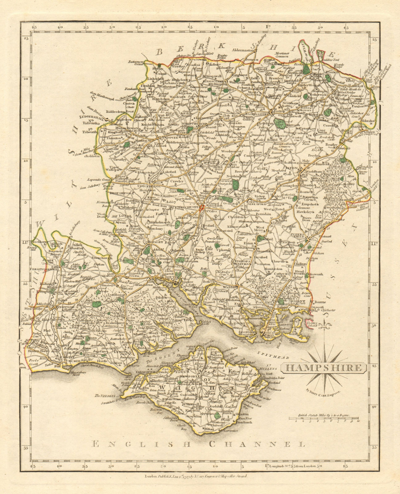 Associate Product Antique county map of HAMPSHIRE by JOHN CARY. Original outline colour 1793