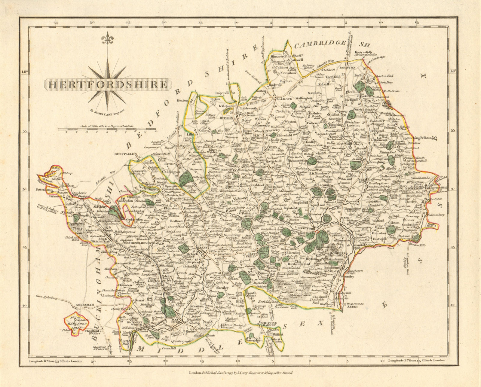 Antique county map of HERTFORDSHIRE by JOHN CARY. Original outline colour 1793