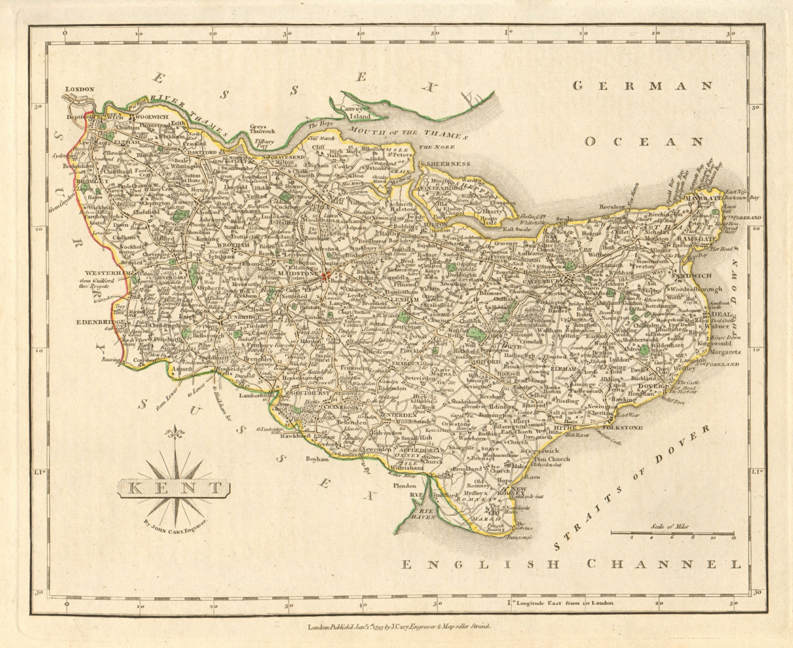 Associate Product Antique county map of KENT by JOHN CARY. Original outline colour 1793 old