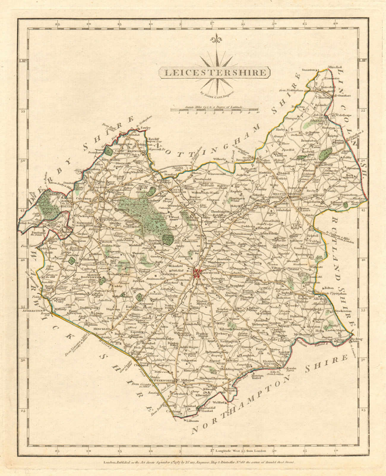 Associate Product Antique county map of LEICESTERSHIRE by JOHN CARY.  Original outline colour 1793