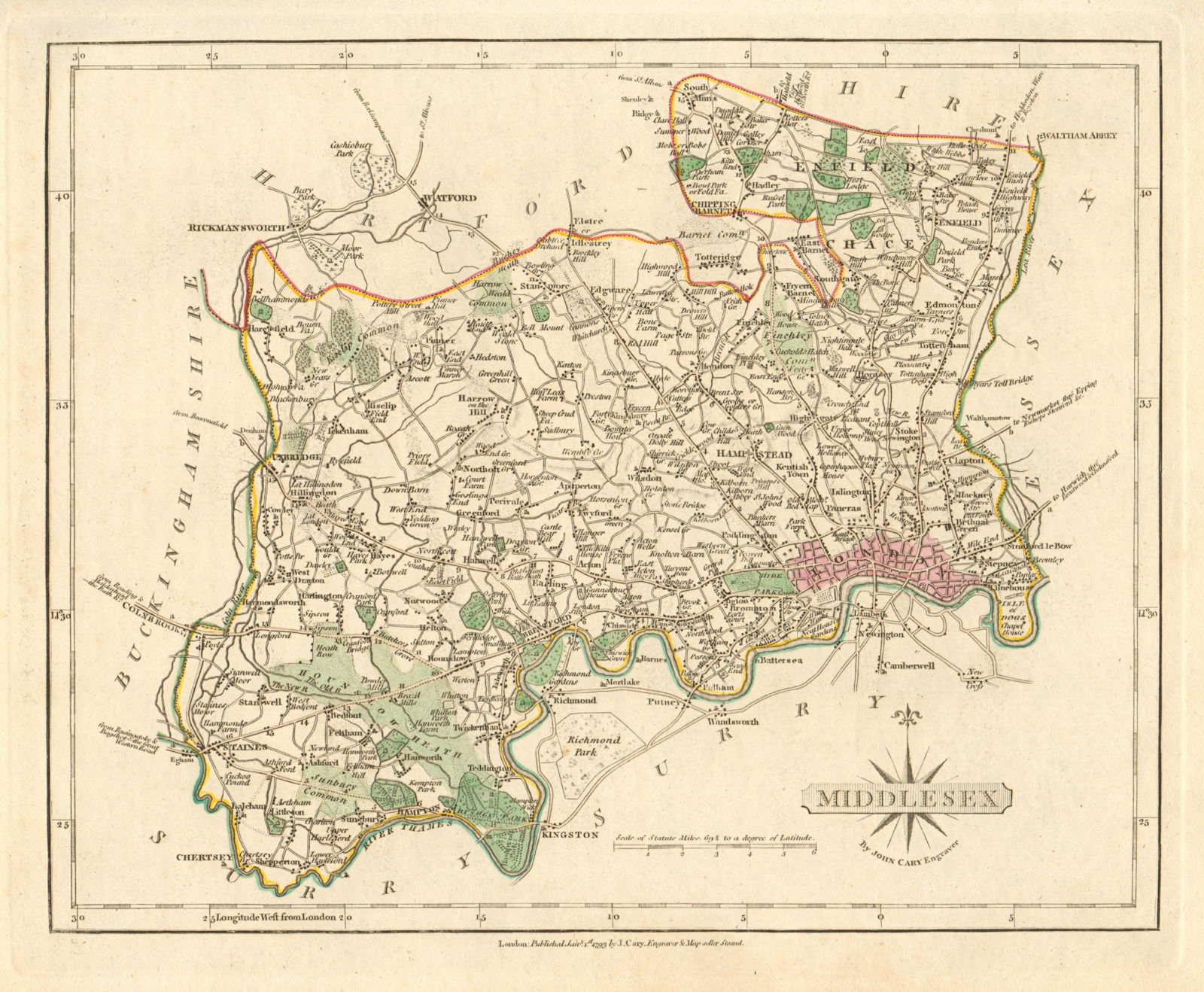 Antique county map of MIDDLESEX by JOHN CARY. Original outline colour 1793