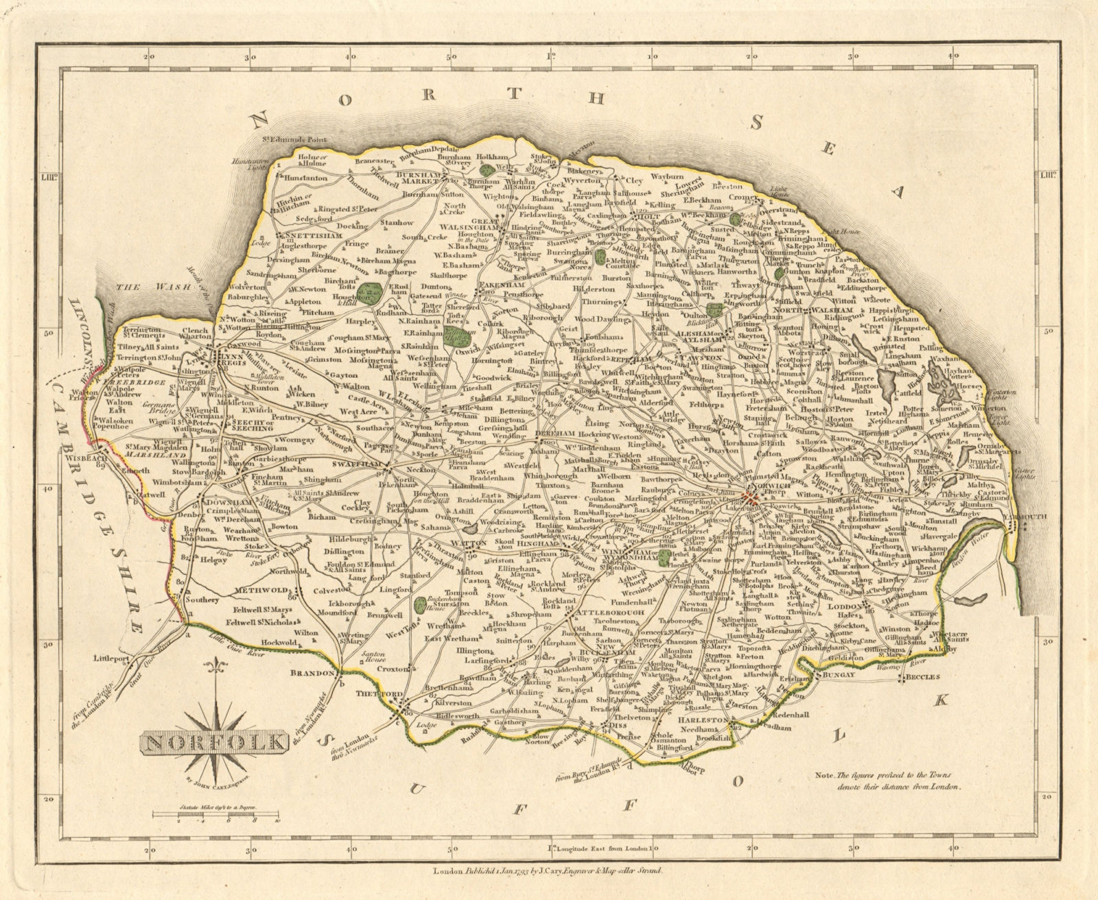 Antique county map of NORFOLK by JOHN CARY. Original outline colour 1793