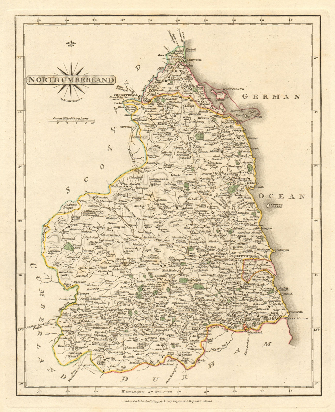 Antique county map of NORTHUMBERLAND by JOHN CARY. Original outline colour 1793