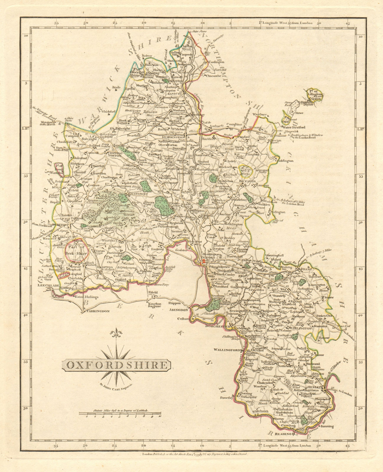 Antique county map of OXFORDSHIRE by JOHN CARY. Original outline colour 1793