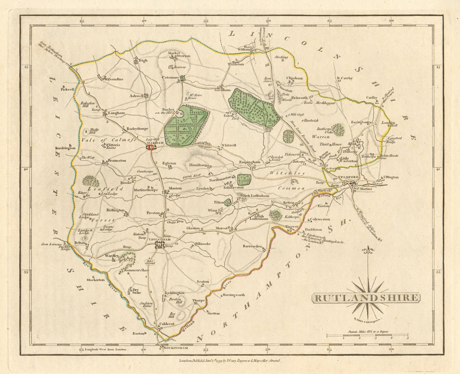 Antique county map of RUTLANDSHIRE by JOHN CARY. Original outline colour 1793