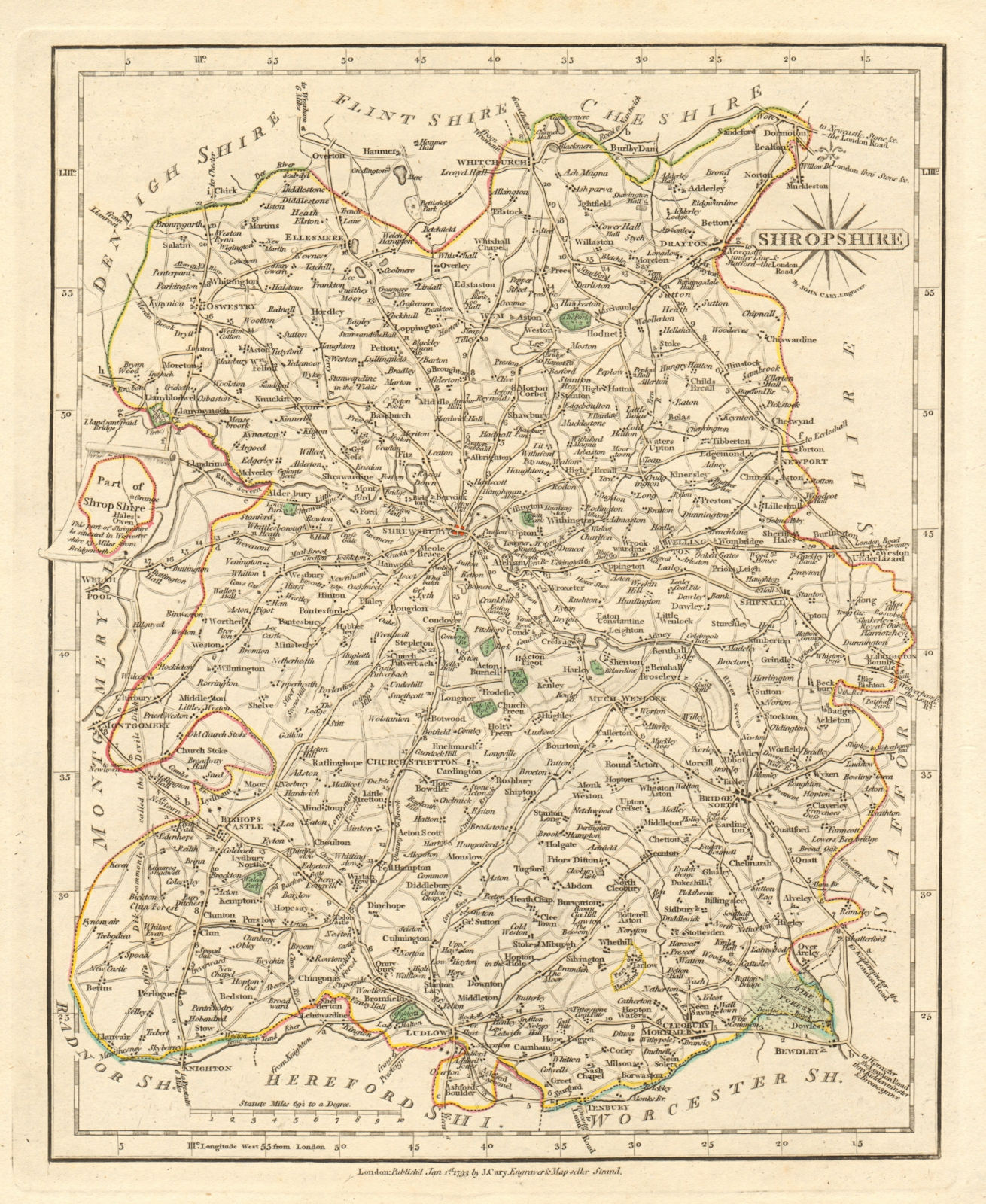 Antique county map of SHROPSHIRE by JOHN CARY. Original outline colour 1793