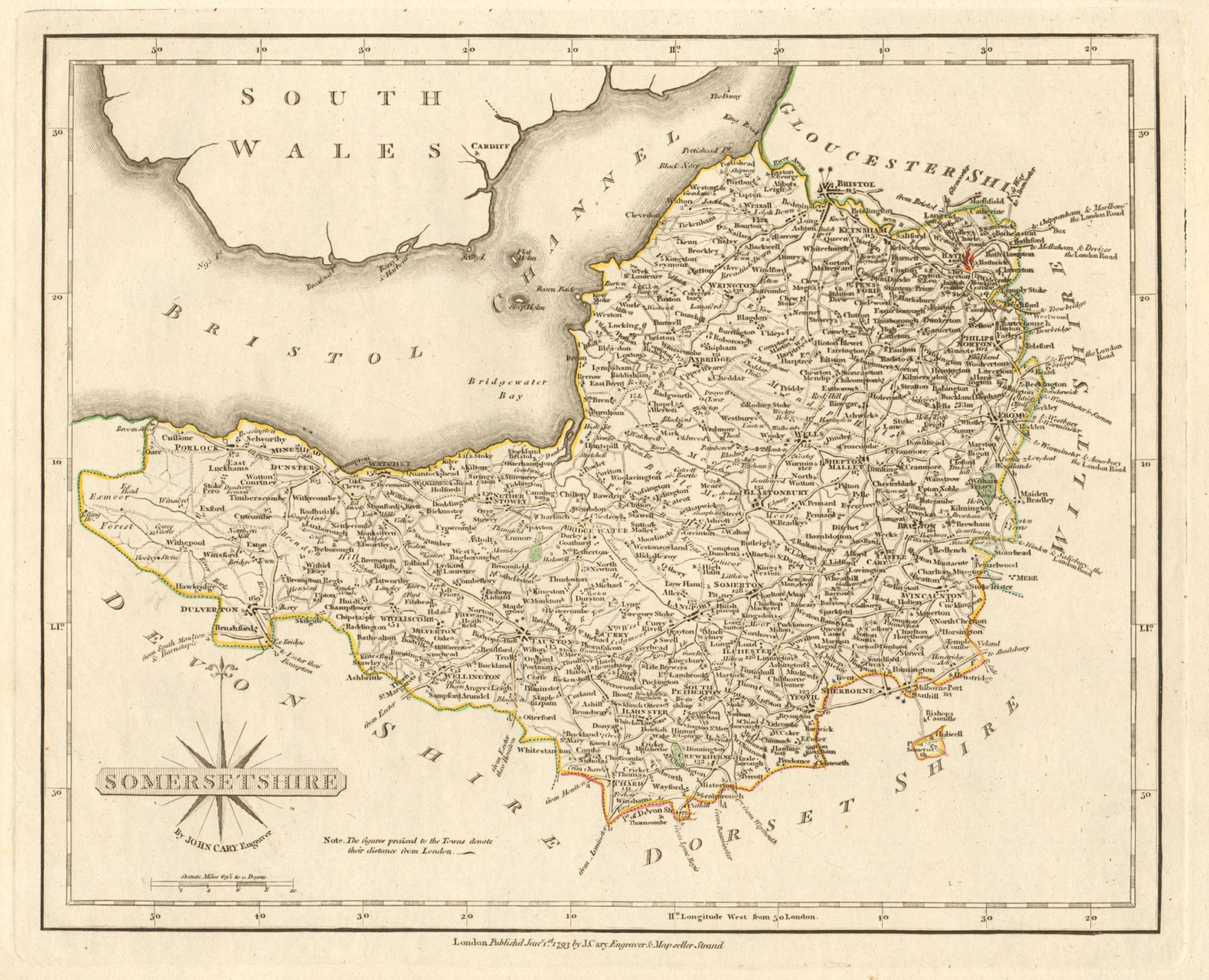 Associate Product Antique county map of SOMERSETSHIRE by JOHN CARY. Original outline colour 1793