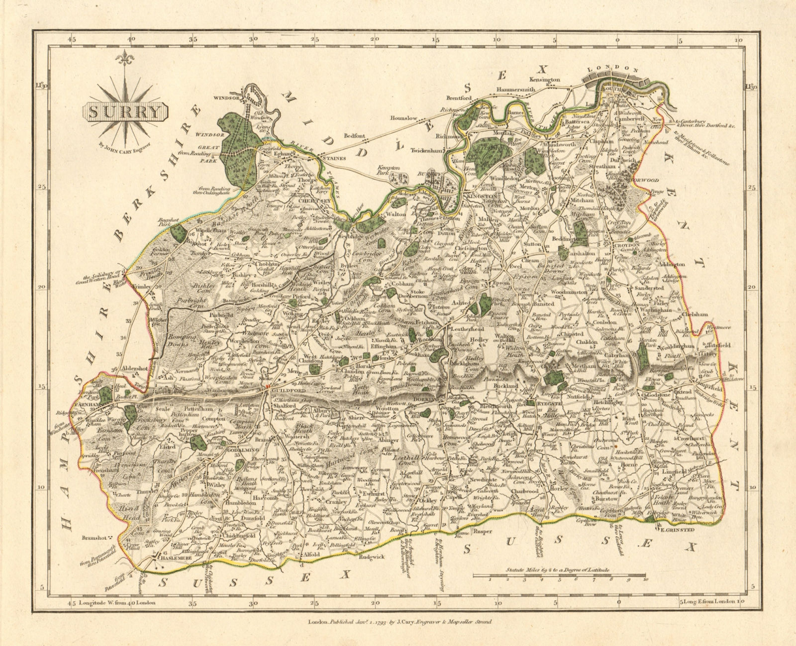 Associate Product Antique county map of SURREY by JOHN CARY. Original outline colour 1793