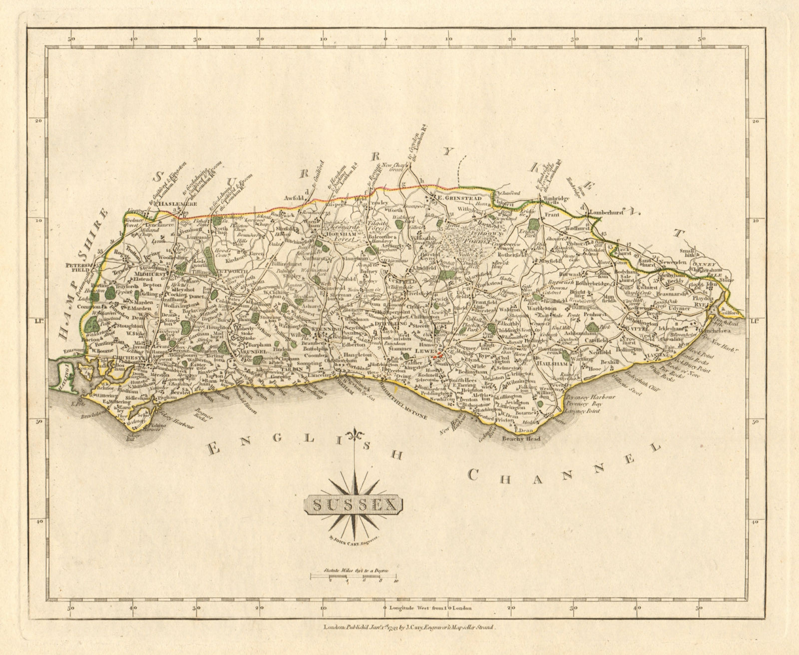 Associate Product Antique county map of SUSSEX by JOHN CARY. Original outline colour 1793