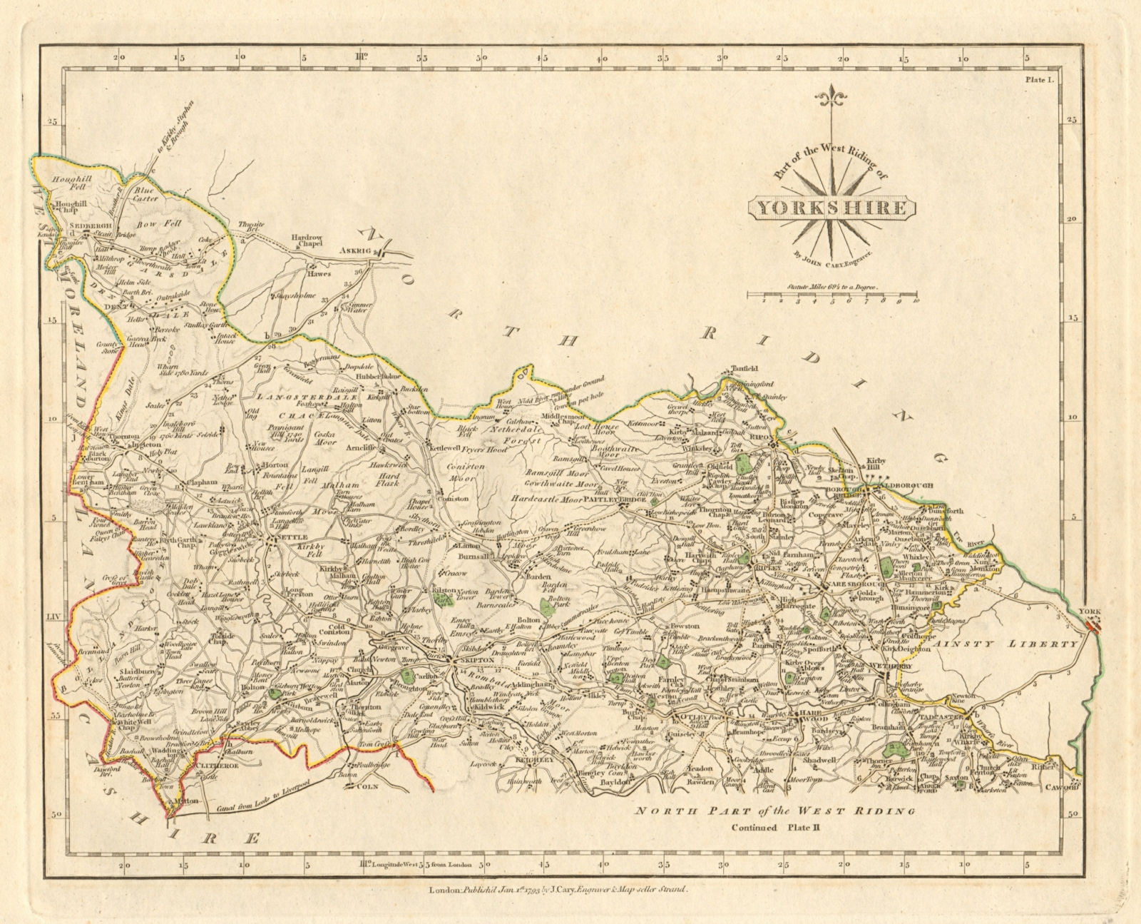 WEST RIDING OF YORKSHIRE-SOUTH antique map by JOHN CARY. Original colour 1793