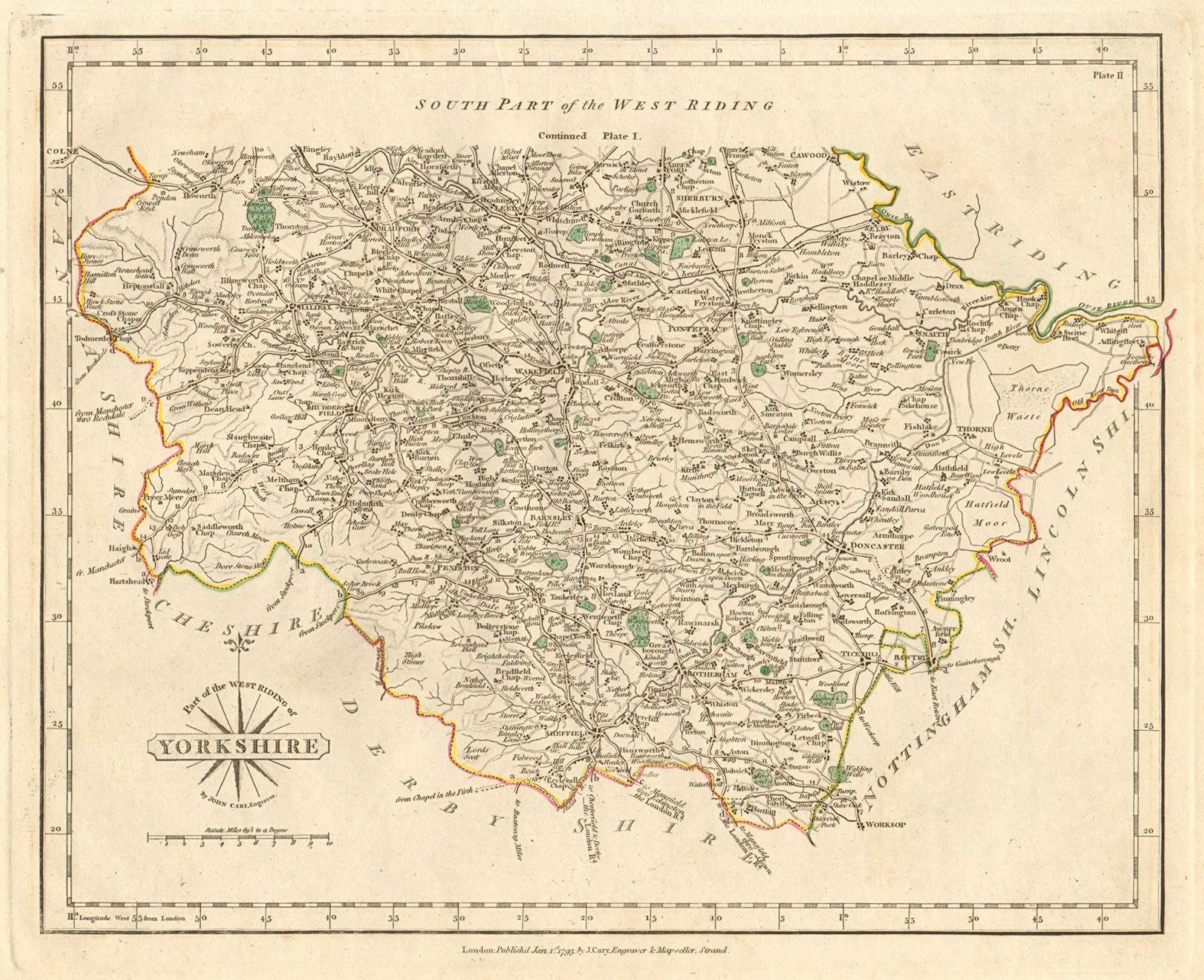 WEST RIDING OF YORKSHIRE-NORTH antique map by JOHN CARY. Original colour 1793