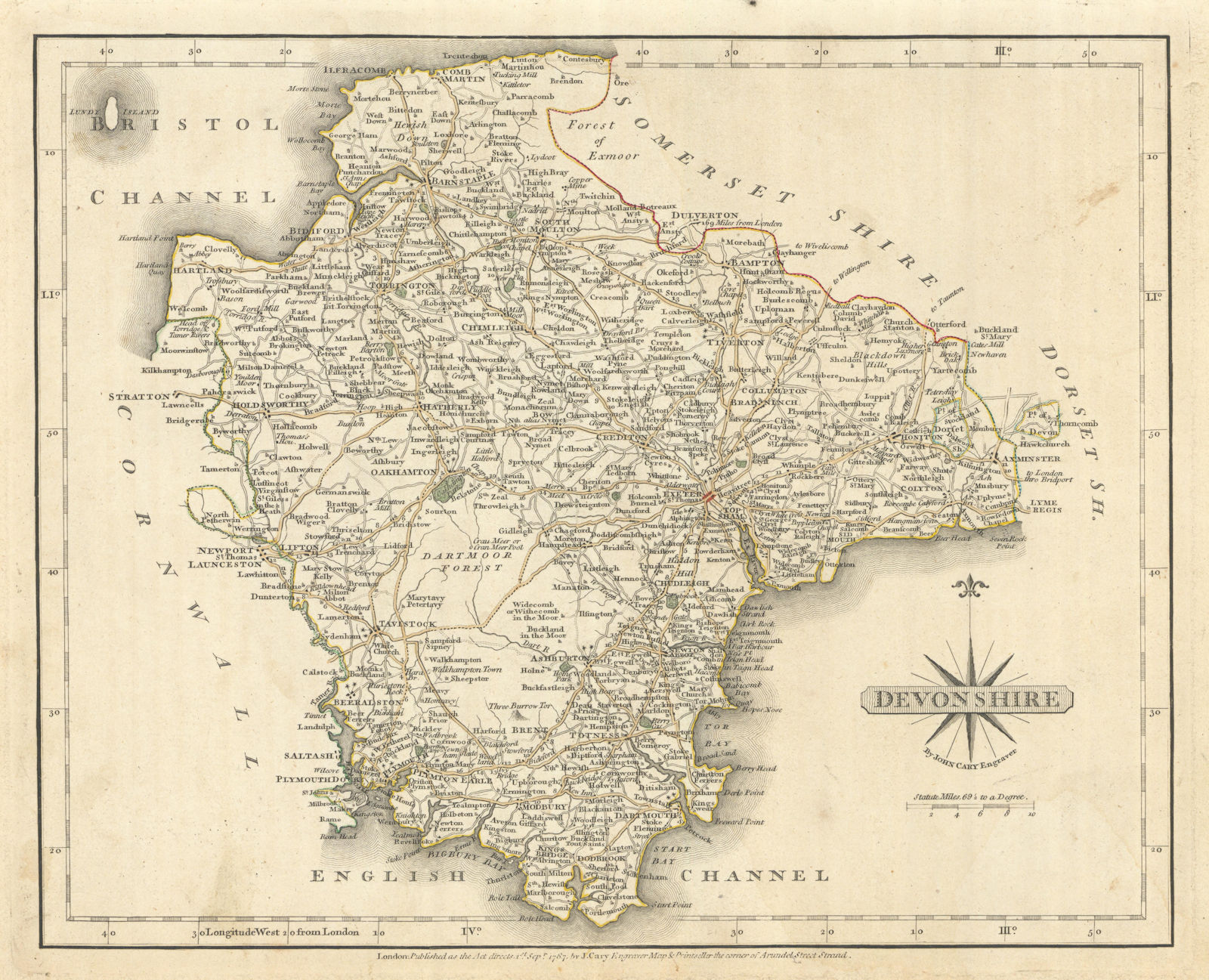 Antique county map of DEVONSHIRE by JOHN CARY with original outline colour 1793