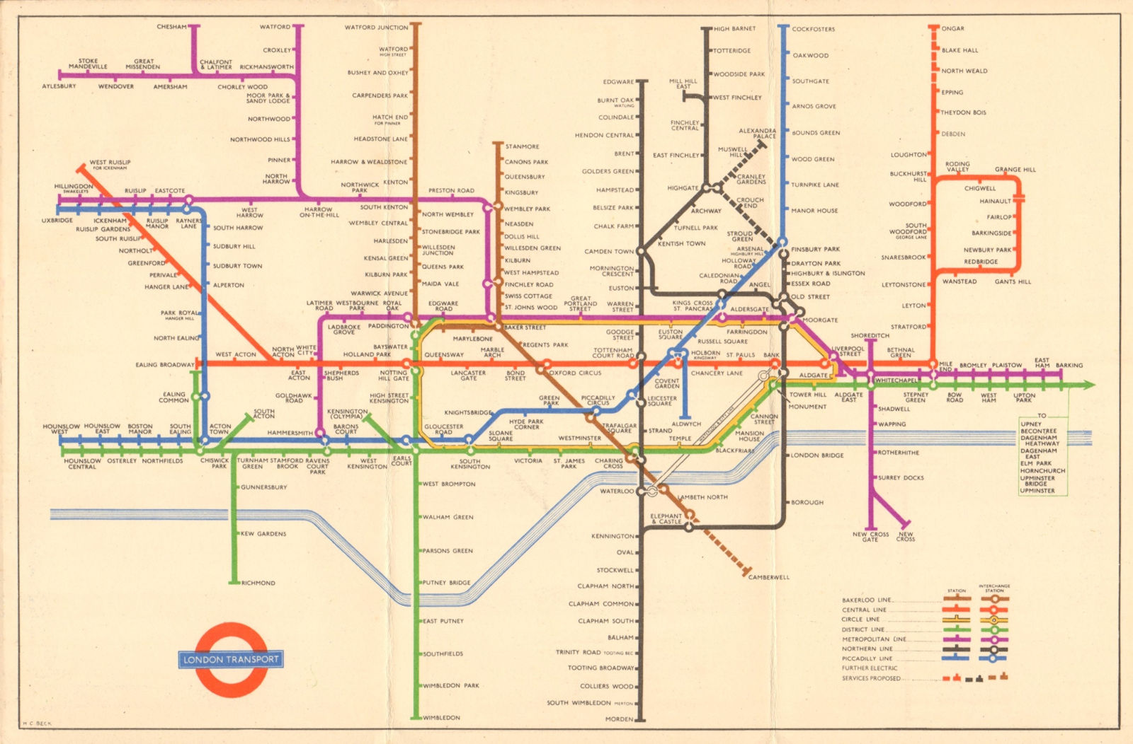 LONDON UNDERGROUND tube map plan. Alexandra Palace. Camberwell. HARRY BECK 1950
