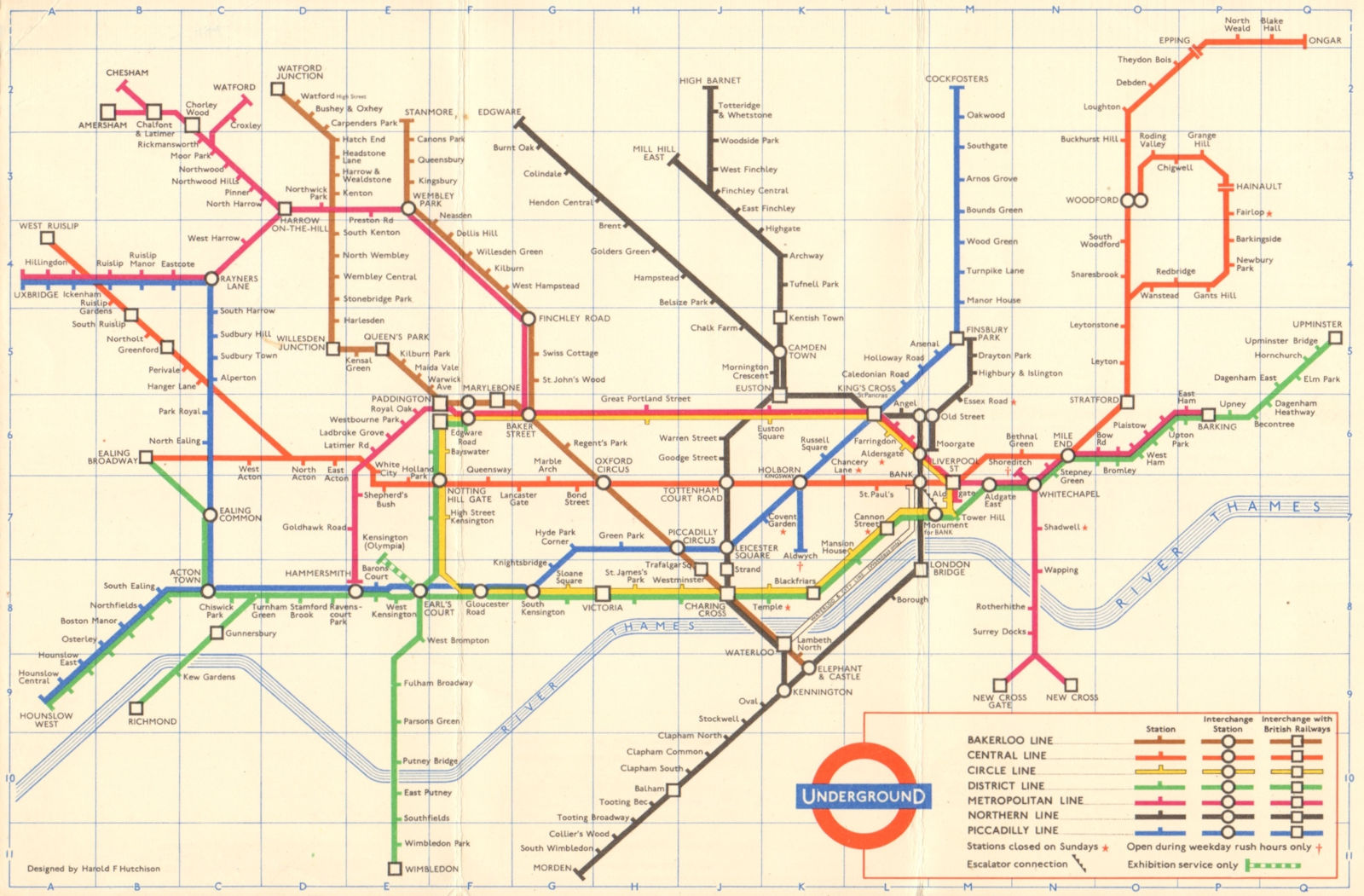 LONDON UNDERGROUND tube map plan. Ongar. Essex Rd. HUTCHISON 1962 old