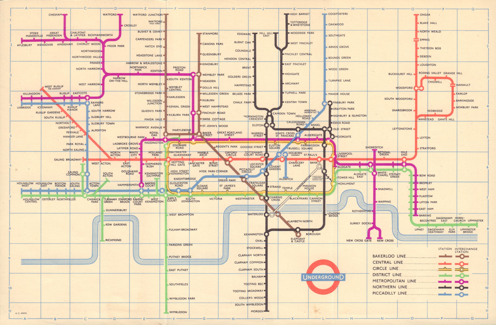 LONDON UNDERGROUND tube map plan. South Acton. Ongar. Aylesbury. HARRY BECK 1958