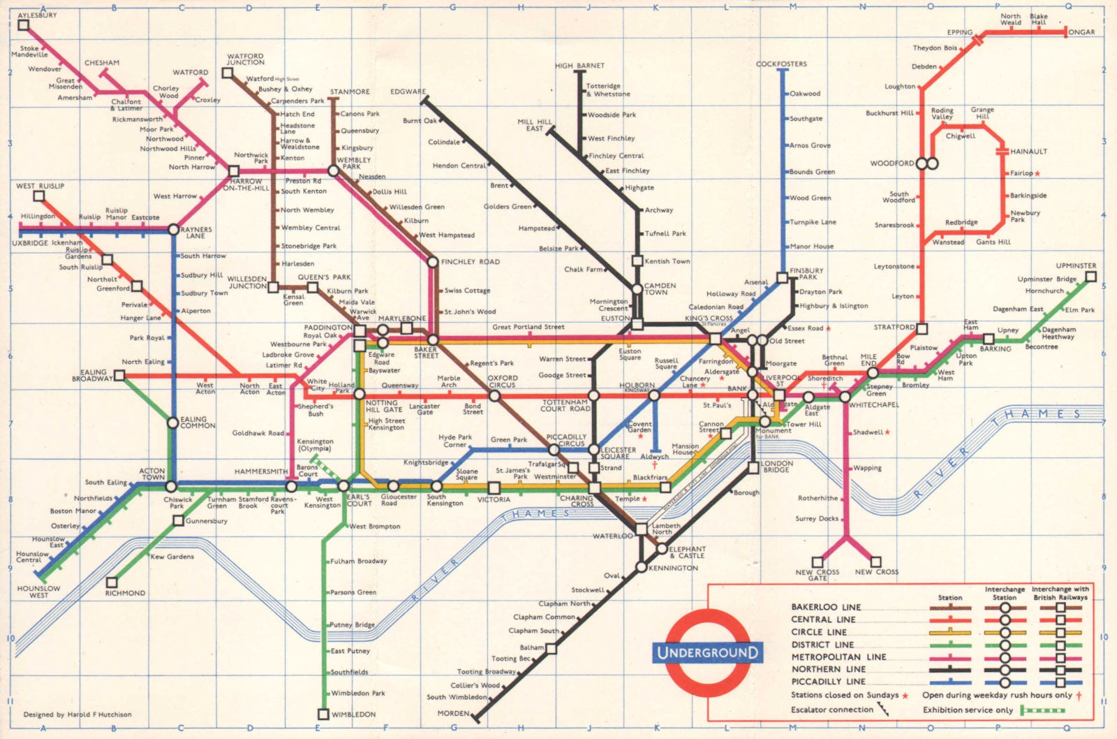 LONDON UNDERGROUND tube map plan. Essex Rd. Ongar. HUTCHISON 1961 old