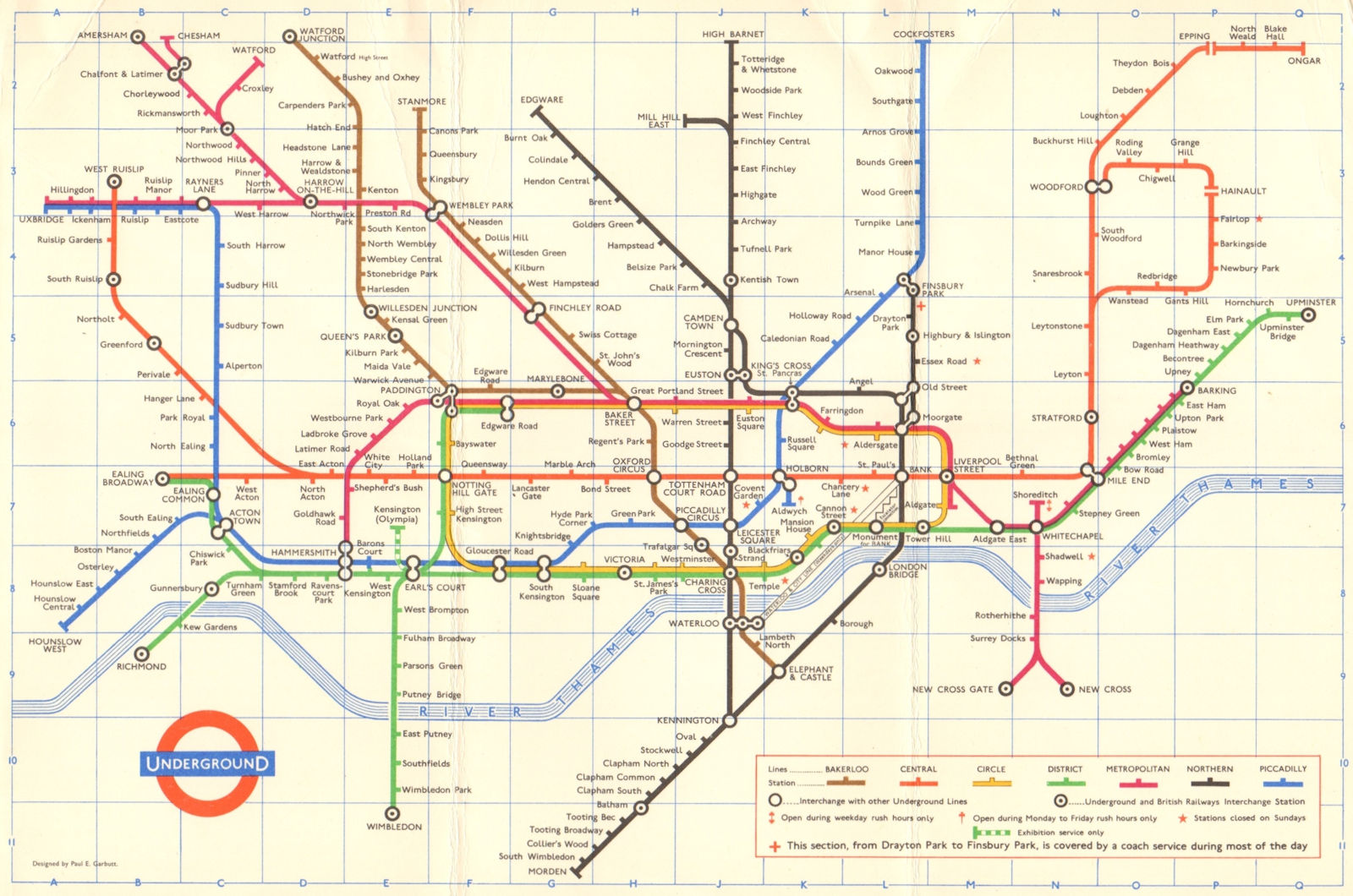 LONDON UNDERGROUND tube map plan. Essex Rd. Ongar. GARBUTT 1966 old
