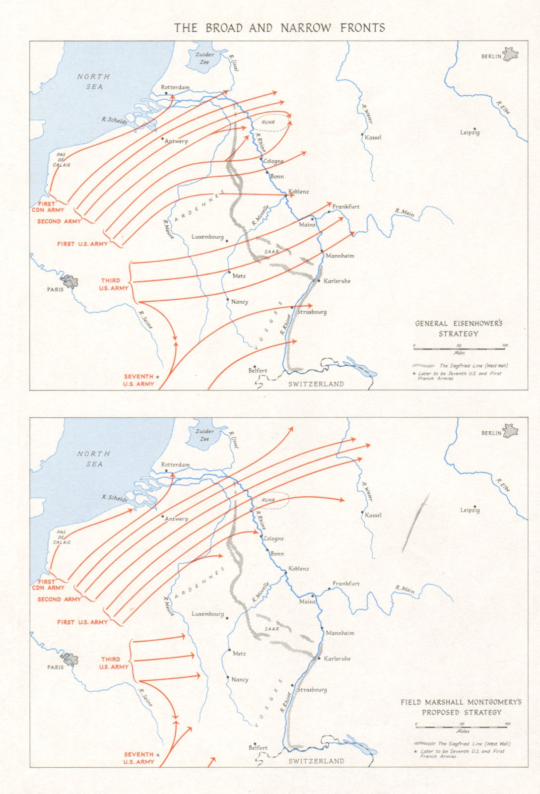 Associate Product WW2 advance Belgium broad narrow fronts Eisenhower Montgomery strategy 1968 map