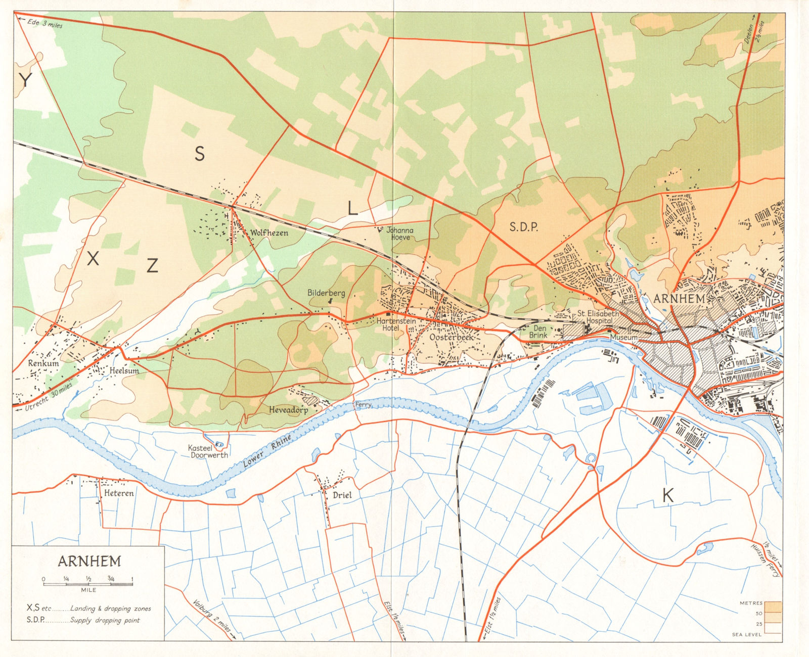 Arnhem landing, drop & supply zones. Operation Market Garden 1944 1968 old map