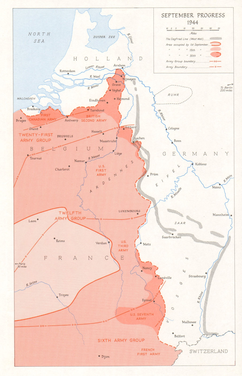 Associate Product World War 2. Advance into Belgium during September 1944. Market Garden 1968 map