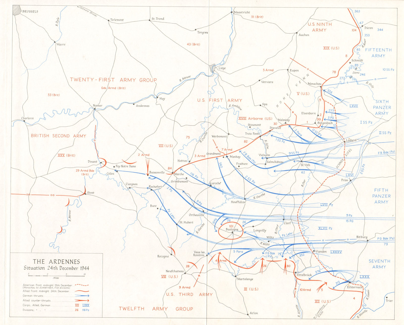 Associate Product Battle of the Bulge. Ardennes 24 December 1944 German counter-offensive 1968 map
