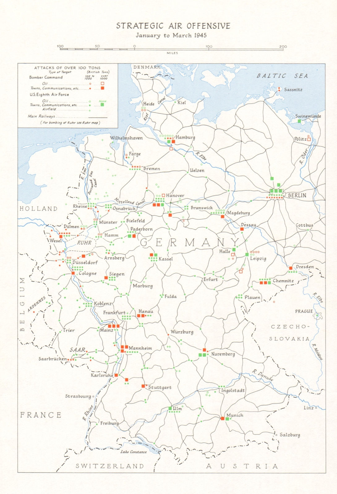 Strategic Air Offensive Jan-March 1945 Germany. USAF RAF Bomber Command 1968 map