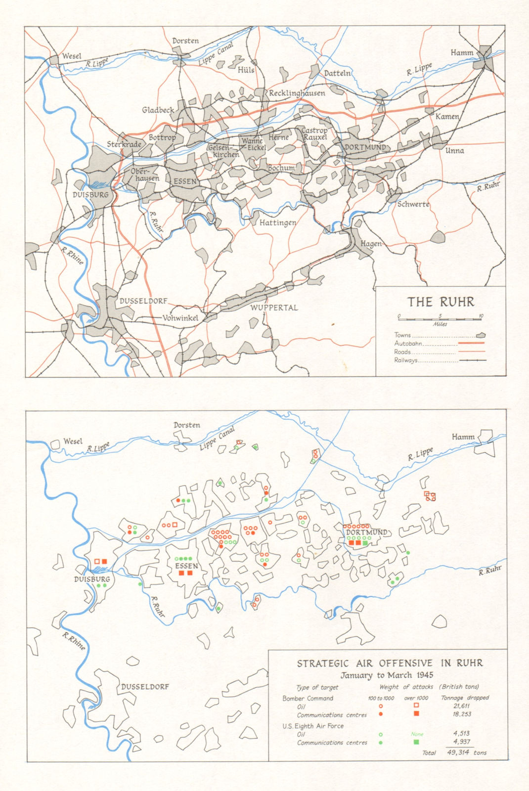 Strategic Air Offensive in Ruhr, Jan-March 1945 USAF RAF Bomber Command 1968 map