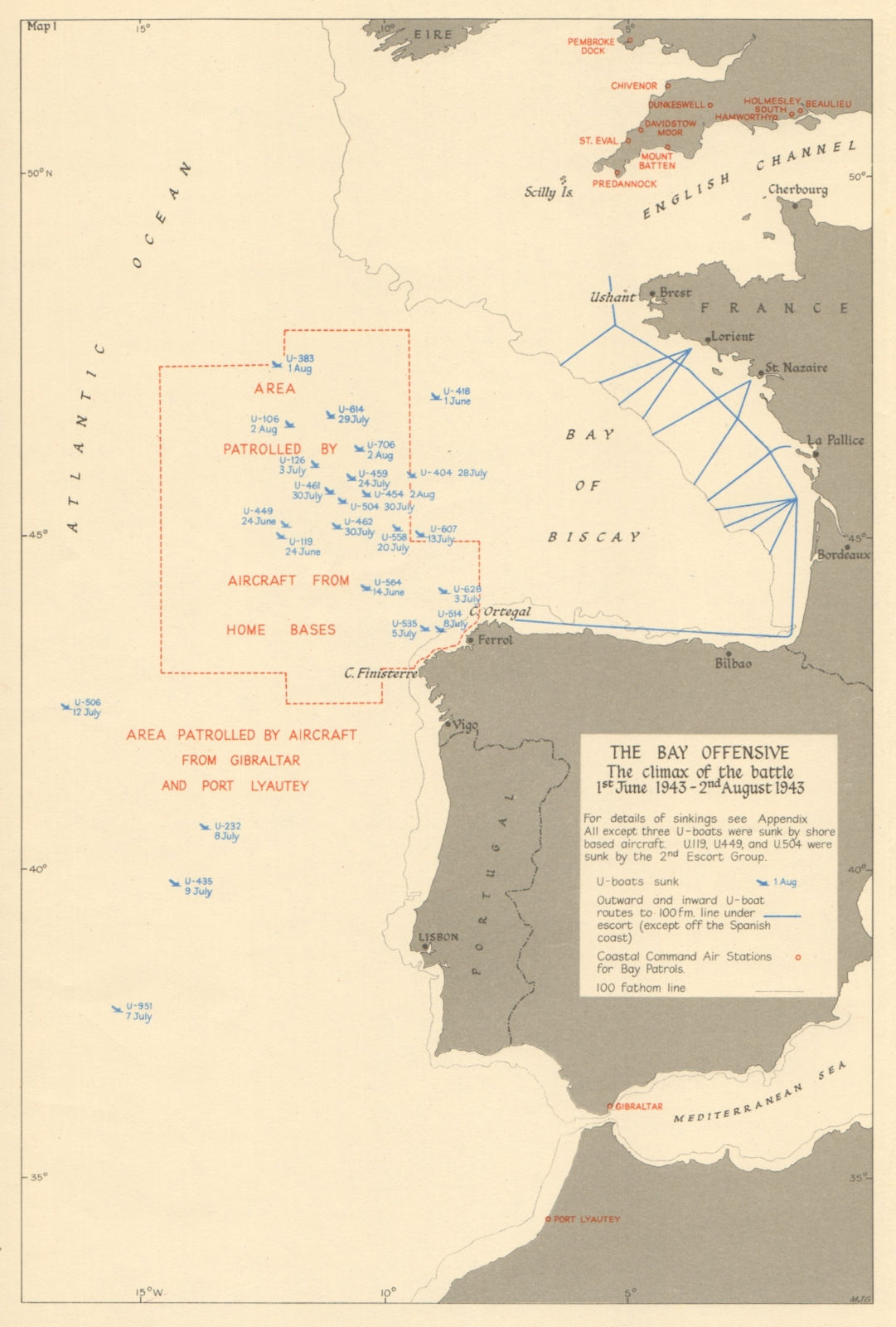 Bay of Biscay. U-Boat sinkings. Battle of the Atlantic June-July 1943 1954 map