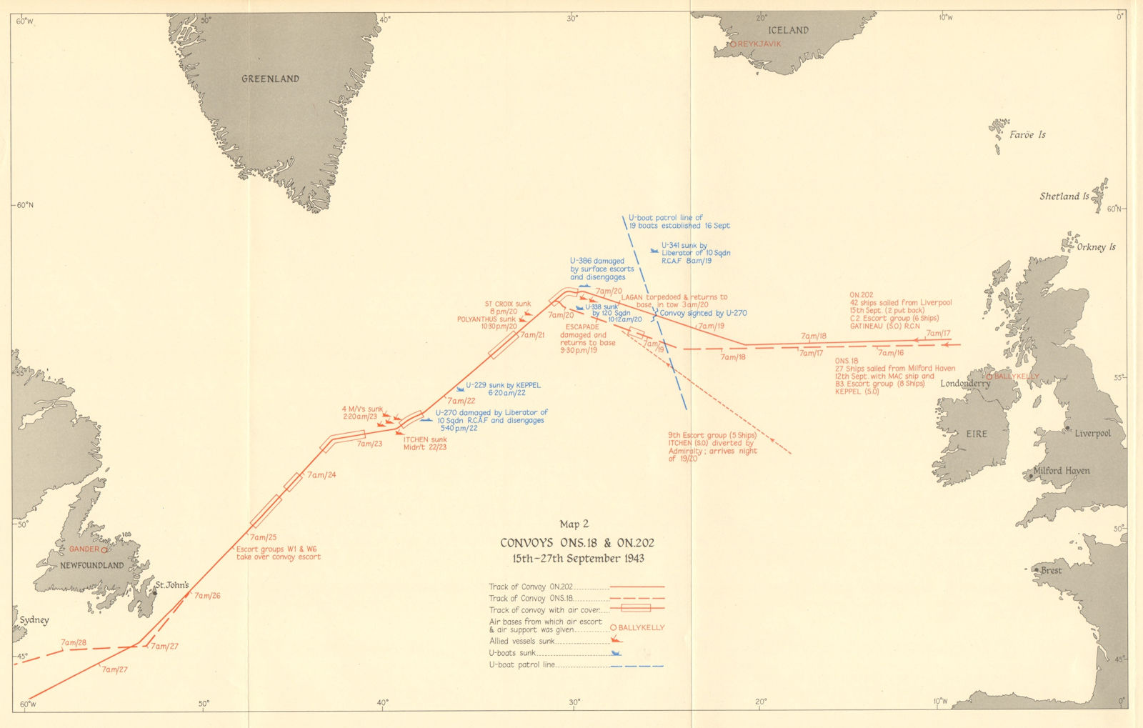 Battle of the Atlantic. Convoys ONS 18 & ON 202, 15-27 September 1943 1954 map