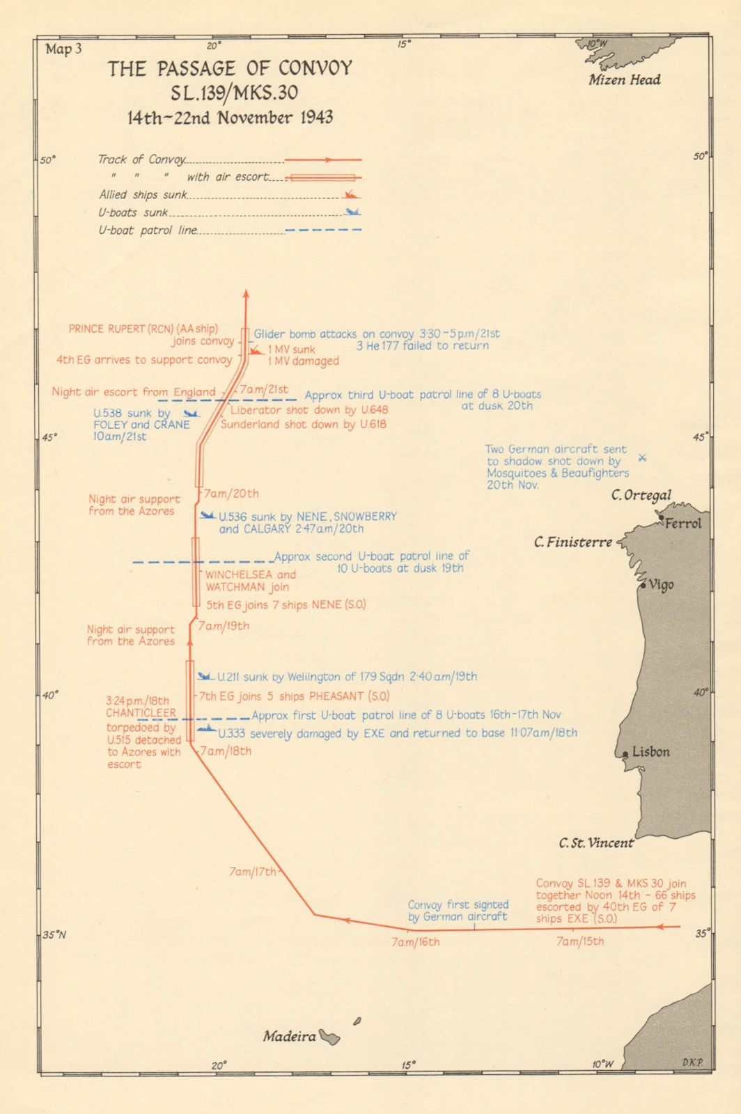 Battle of the Atlantic. Convoy SL 139/MKS 30, 14-22 November 1943 1954 old map