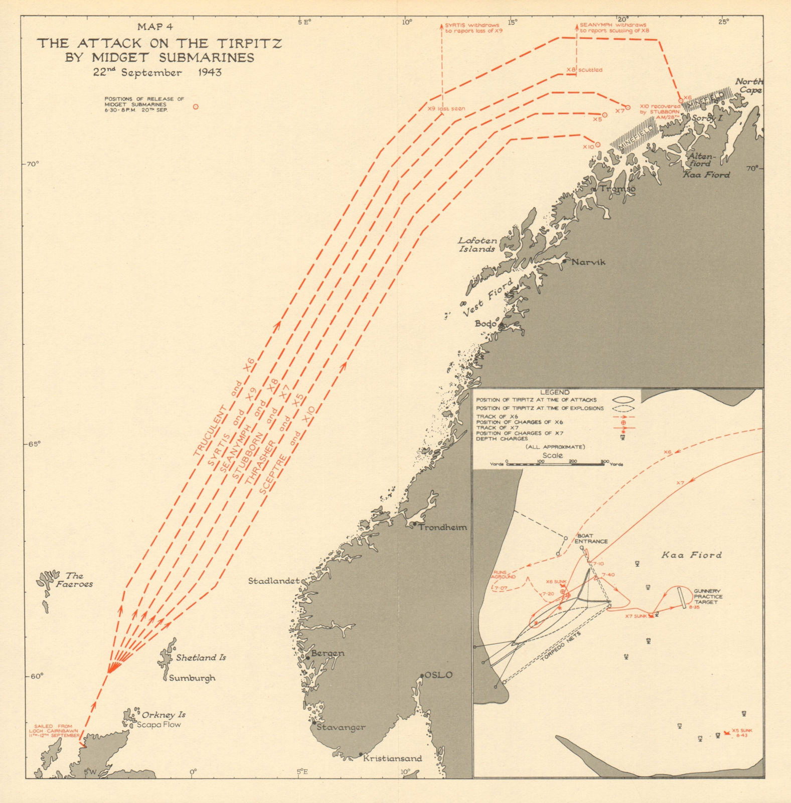 Operation Source. Midget Submarines Tirpitz attack. 22 September 1943 1954 map